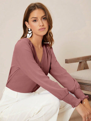 Privé Solid Button Front Lantern Sleeve Blouse - Negative Apparel