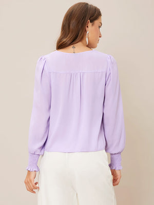 Privé Solid Button Front Lantern Sleeve Blouse - Negative Apparel