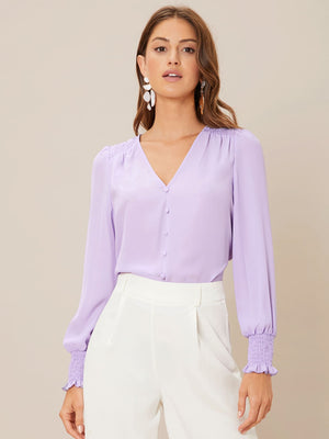 Privé Solid Button Front Lantern Sleeve Blouse - Negative Apparel