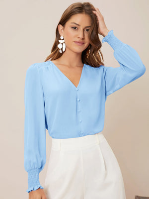 Privé Solid Button Front Lantern Sleeve Blouse - Negative Apparel