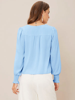 Privé Solid Button Front Lantern Sleeve Blouse - Negative Apparel