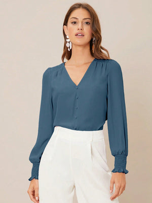 Privé Solid Button Front Lantern Sleeve Blouse - Negative Apparel