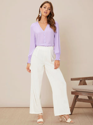 Privé Solid Button Front Lantern Sleeve Blouse - Negative Apparel