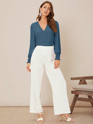 Privé Solid Button Front Lantern Sleeve Blouse - Negative Apparel