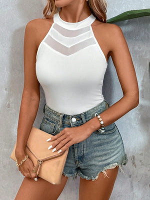 Privé Solid Contrast Mesh Halter Top - Negative Apparel