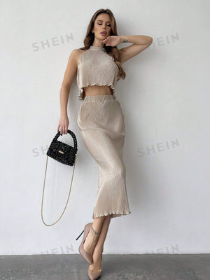 Privé Solid Pleated Fabric Stand Collar Vest + Khaki Mermaid Skirt Women's 2 Piece Set - Negative Apparel