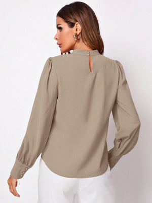 Privé Solid Ruched Keyhole Back Blouse - Negative Apparel