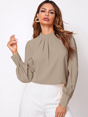 Privé Solid Ruched Keyhole Back Blouse - Negative Apparel