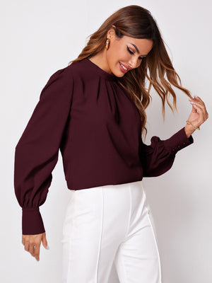 Privé Solid Ruched Keyhole Back Blouse - Negative Apparel