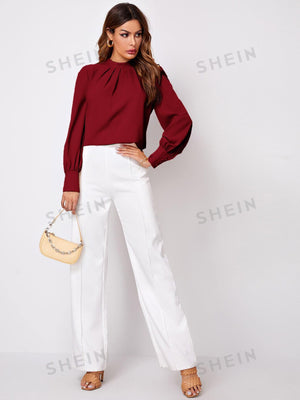 Privé Solid Ruched Keyhole Back Blouse - Negative Apparel