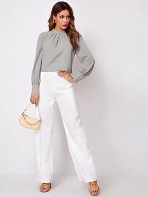 Privé Solid Ruched Keyhole Back Blouse - Negative Apparel