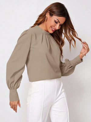 Privé Solid Ruched Keyhole Back Blouse - Negative Apparel