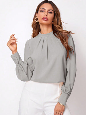 Privé Solid Ruched Keyhole Back Blouse - Negative Apparel