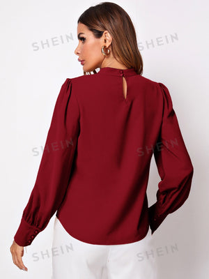 Privé Solid Ruched Keyhole Back Blouse - Negative Apparel