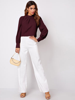 Privé Solid Ruched Keyhole Back Blouse - Negative Apparel