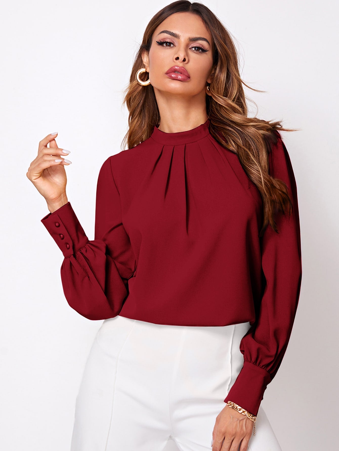 Privé Solid Ruched Keyhole Back Blouse - Negative Apparel