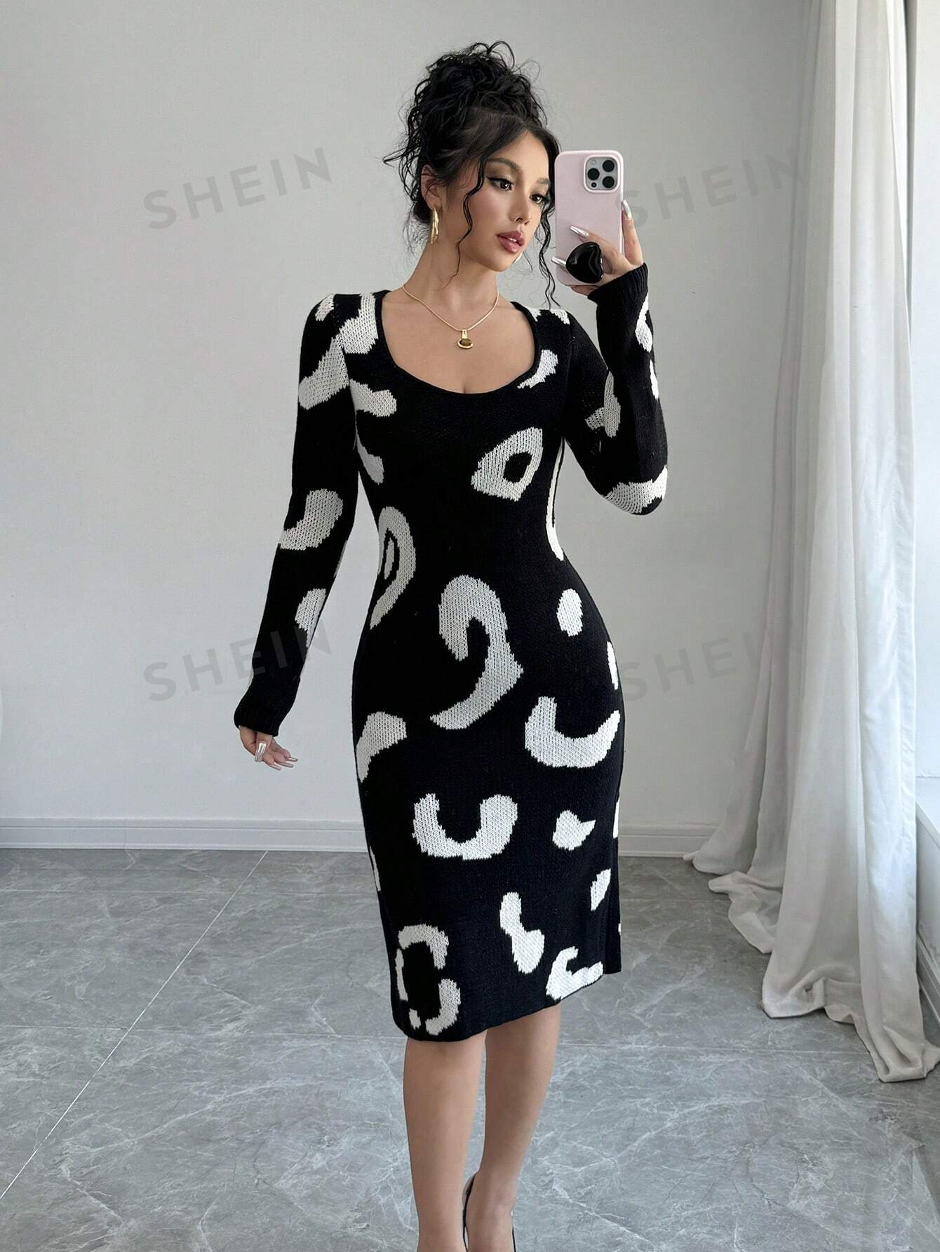 Prive Women s Elegant Leopard Pattern Crew Neck Long Sleeve Fitted Sweater Dress Negative Apparel