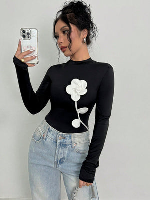 Privé Women's Elegant Vintage Style Floral 3D Print Long Sleeve Slim Fit T-Shirt - Negative Apparel