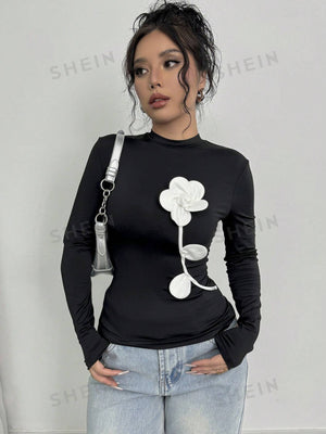 Privé Women's Elegant Vintage Style Floral 3D Print Long Sleeve Slim Fit T-Shirt - Negative Apparel