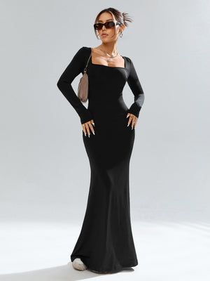 Privé Women's Simple Casual Elegant Abstract Print Turtleneck Long Sleeve Bodycon Mermaid Dress Fall Clothes Black Elegant Dress Homecoming Dresses - Negative Apparel