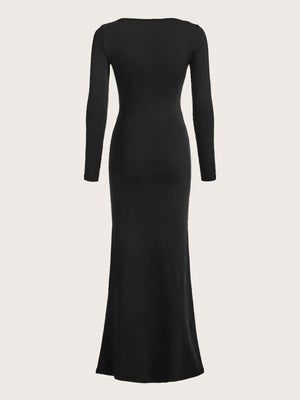 Privé Women's Simple Casual Elegant Abstract Print Turtleneck Long Sleeve Bodycon Mermaid Dress Fall Clothes Black Elegant Dress Homecoming Dresses - Negative Apparel