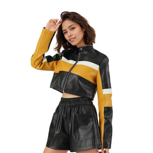 PU leather contrasting splicing leather jacket sm stand - up collar slim short trendy locomotive leather jacket women - Negative Apparel