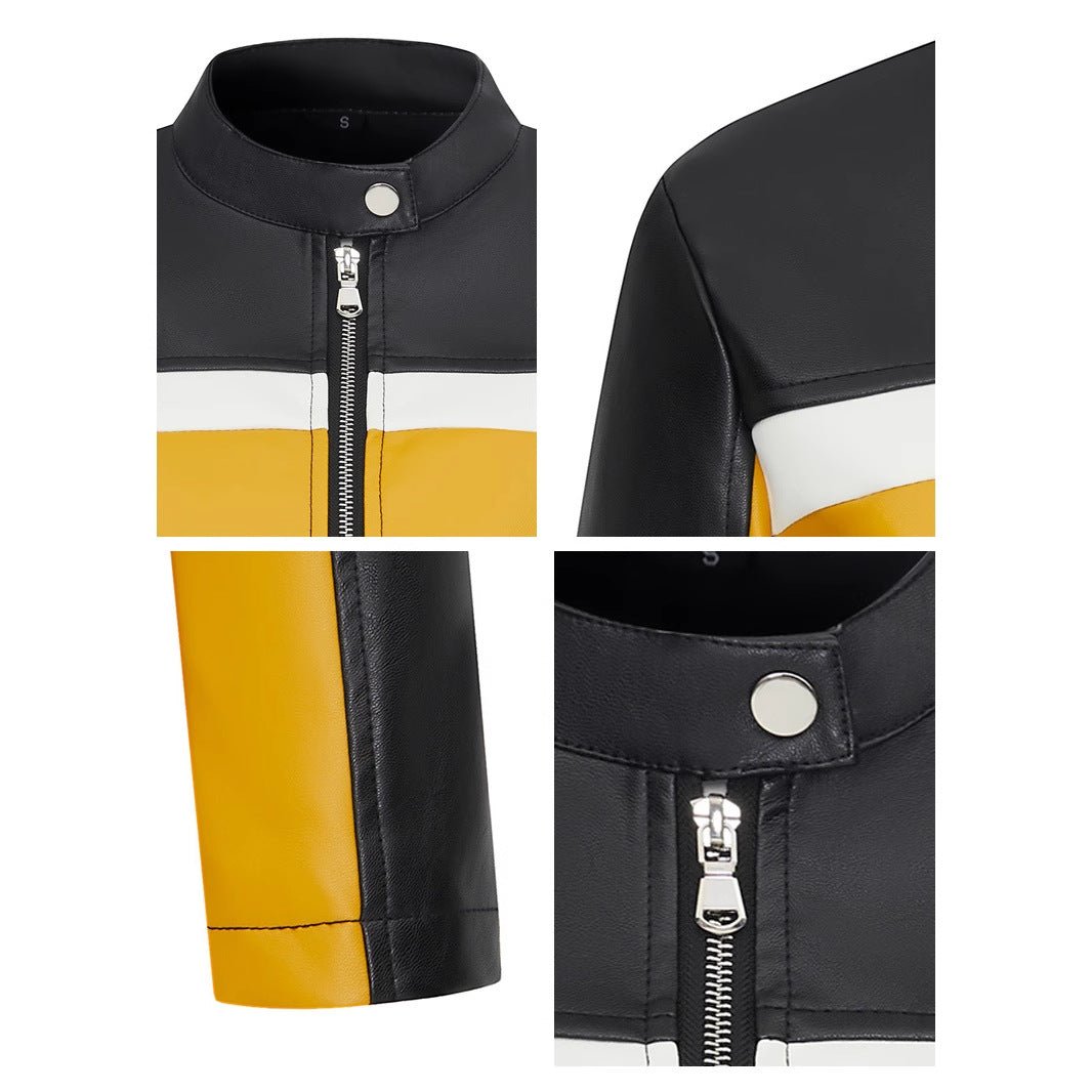 PU leather contrasting splicing leather jacket sm stand - up collar slim short trendy locomotive leather jacket women - Negative Apparel