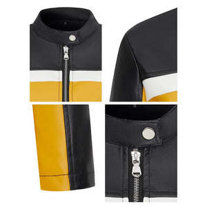 PU leather contrasting splicing leather jacket sm stand - up collar slim short trendy locomotive leather jacket women - Negative Apparel