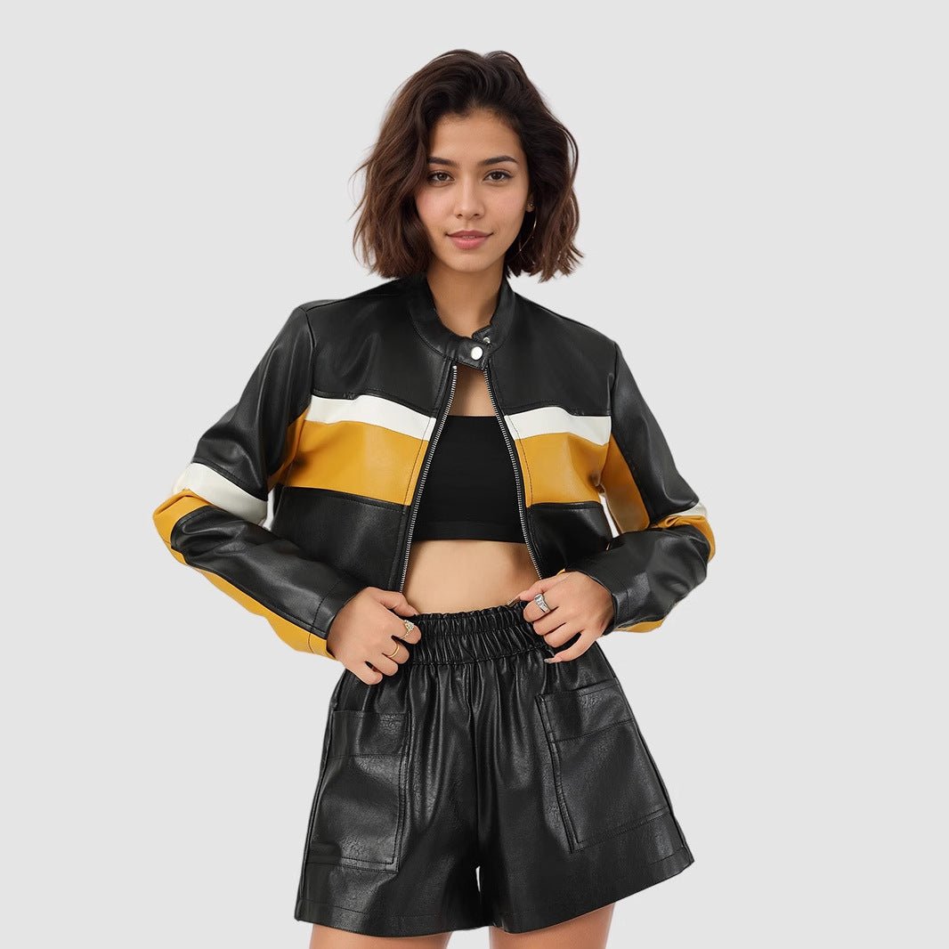 PU leather contrasting splicing leather jacket sm stand - up collar slim short trendy locomotive leather jacket women - Negative Apparel
