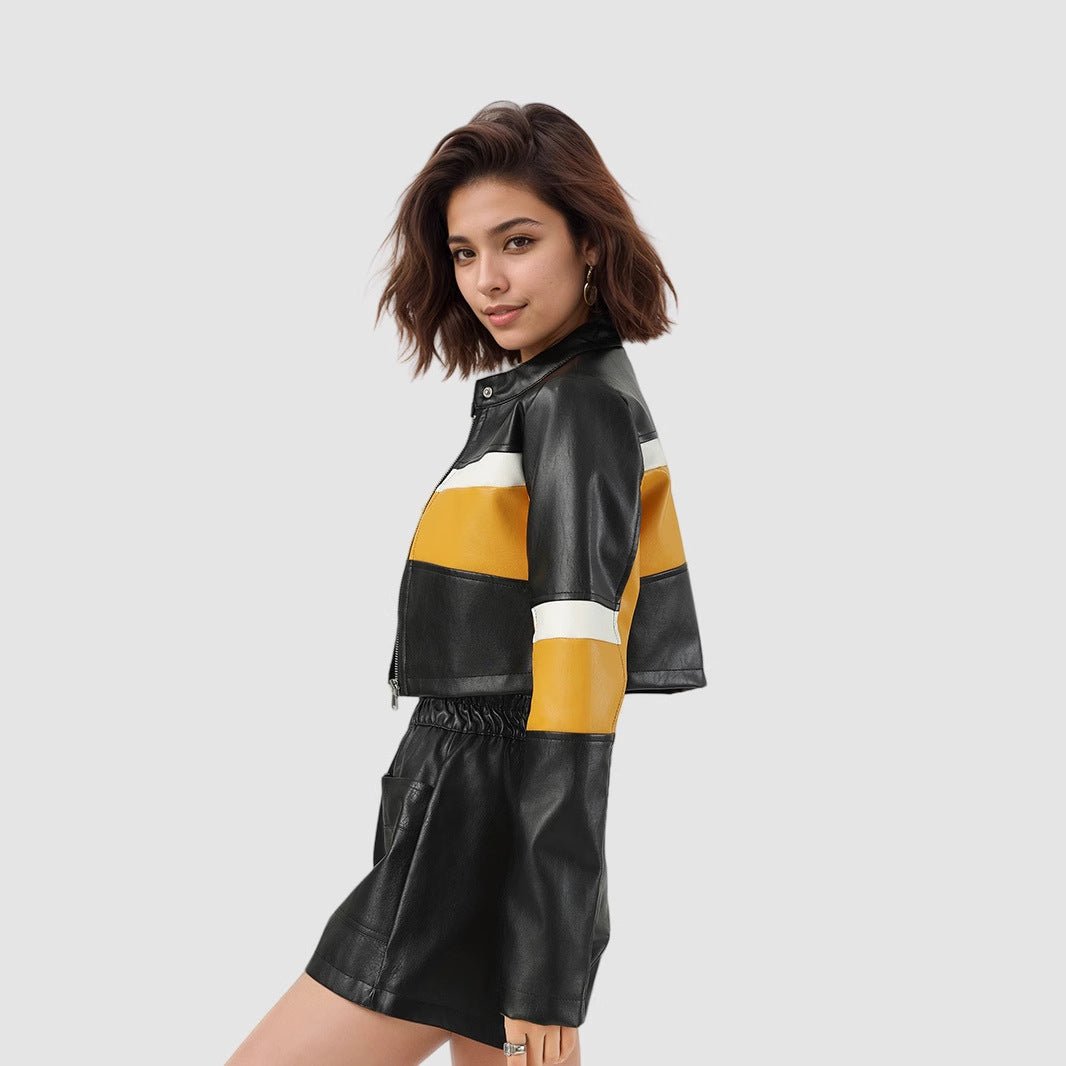 PU leather contrasting splicing leather jacket sm stand - up collar slim short trendy locomotive leather jacket women - Negative Apparel