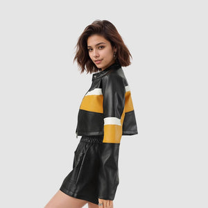 PU leather contrasting splicing leather jacket sm stand - up collar slim short trendy locomotive leather jacket women - Negative Apparel