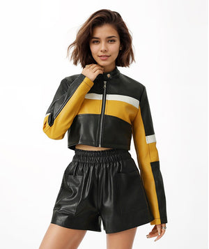 PU leather contrasting splicing leather jacket sm stand - up collar slim short trendy locomotive leather jacket women - Negative Apparel