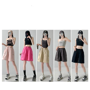 Pure cotton washed shorts women's summer new loose straight overalls casual spice wide - leg sports five - point medium pants - Negative Apparel