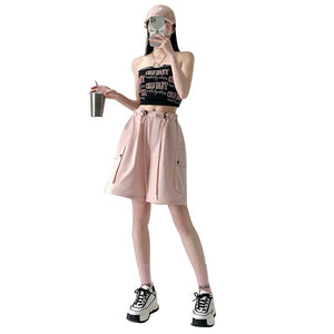 Pure cotton washed shorts women's summer new loose straight overalls casual spice wide - leg sports five - point medium pants - Negative Apparel