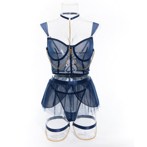 Pure desire cute perspective mesh skirt with chain halter neck with gloves four sets lingerie set - Negative Apparel