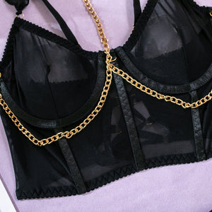 Pure desire cute perspective mesh skirt with chain halter neck with gloves four sets lingerie set - Negative Apparel