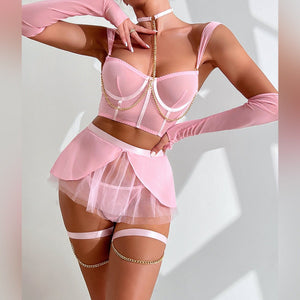 Pure desire cute perspective mesh skirt with chain halter neck with gloves four sets lingerie set - Negative Apparel