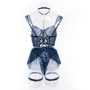 Pure desire cute perspective mesh skirt with chain halter neck with gloves four sets lingerie set - Negative Apparel