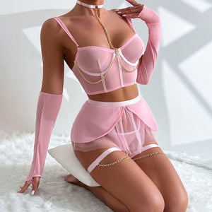 Pure desire cute perspective mesh skirt with chain halter neck with gloves four sets lingerie set - Negative Apparel