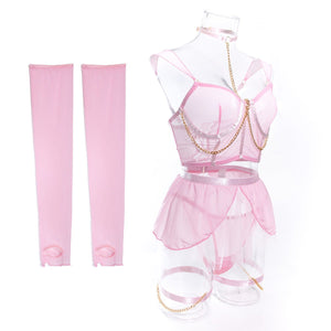 Pure desire cute perspective mesh skirt with chain halter neck with gloves four sets lingerie set - Negative Apparel