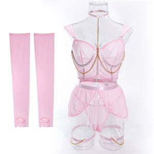 Pure desire cute perspective mesh skirt with chain halter neck with gloves four sets lingerie set - Negative Apparel