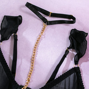 Pure desire cute perspective mesh skirt with chain halter neck with gloves four sets lingerie set - Negative Apparel