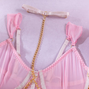 Pure desire cute perspective mesh skirt with chain halter neck with gloves four sets lingerie set - Negative Apparel