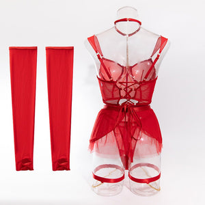 Pure desire cute perspective mesh skirt with chain halter neck with gloves four sets lingerie set - Negative Apparel