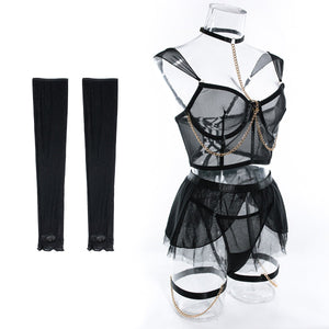 Pure desire cute perspective mesh skirt with chain halter neck with gloves four sets lingerie set - Negative Apparel