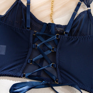 Pure desire cute perspective mesh skirt with chain halter neck with gloves four sets lingerie set - Negative Apparel