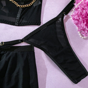 Pure desire cute perspective mesh skirt with chain halter neck with gloves four sets lingerie set - Negative Apparel