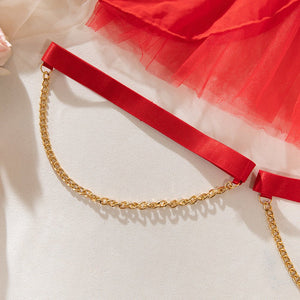 Pure desire cute perspective mesh skirt with chain halter neck with gloves four sets lingerie set - Negative Apparel