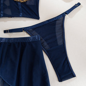 Pure desire cute perspective mesh skirt with chain halter neck with gloves four sets lingerie set - Negative Apparel