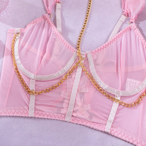 Pure desire cute perspective mesh skirt with chain halter neck with gloves four sets lingerie set - Negative Apparel